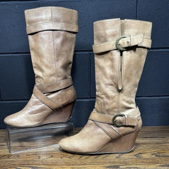 Reaction Kenneth Cole “Break the Ice” Tall Leather Wedge Boots Tan 11M - Picture 1 of 8